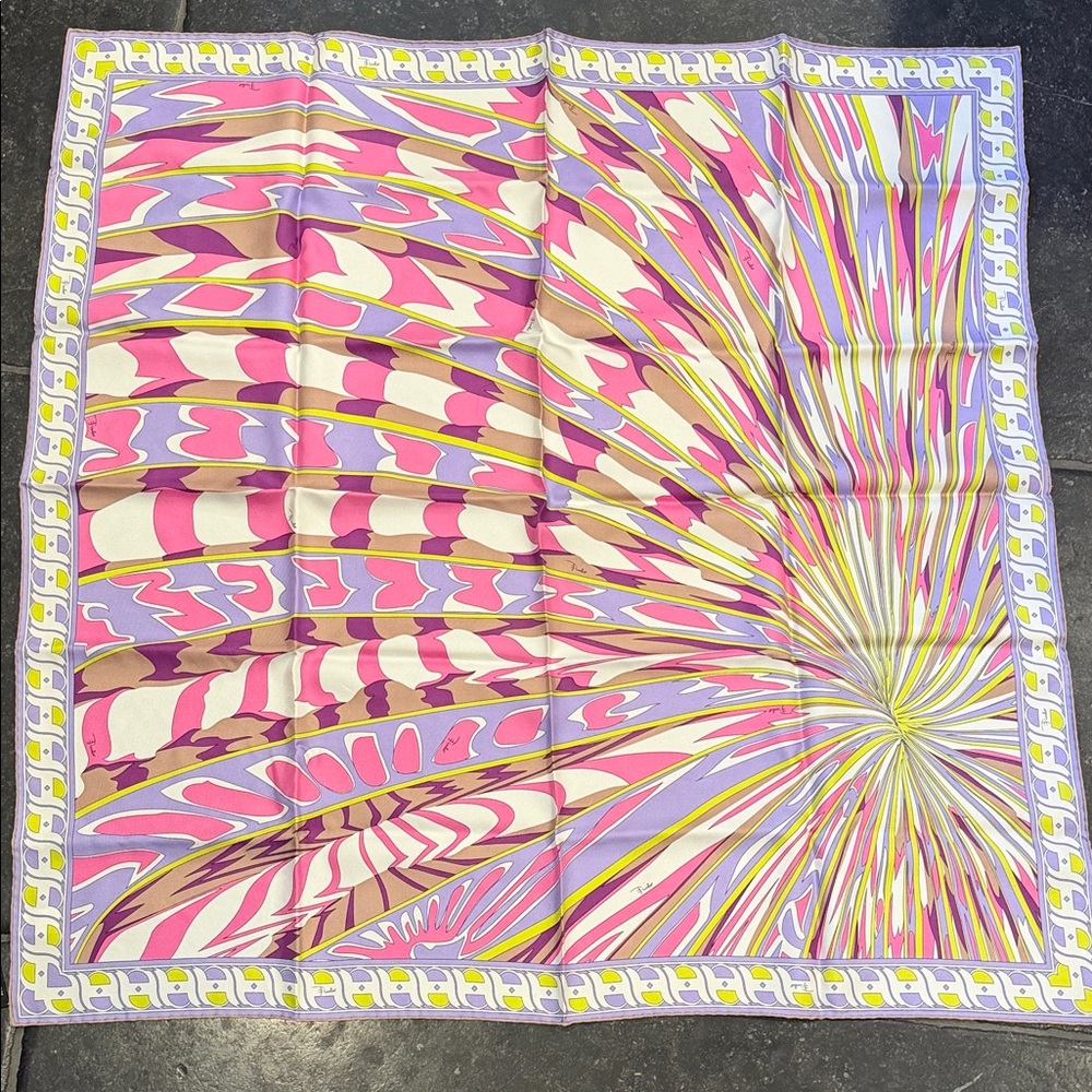 Emilio Pucci Abstract Wave Silk-Feel Scarf in Pink, Purple & Yellow - Picture 7 of 10